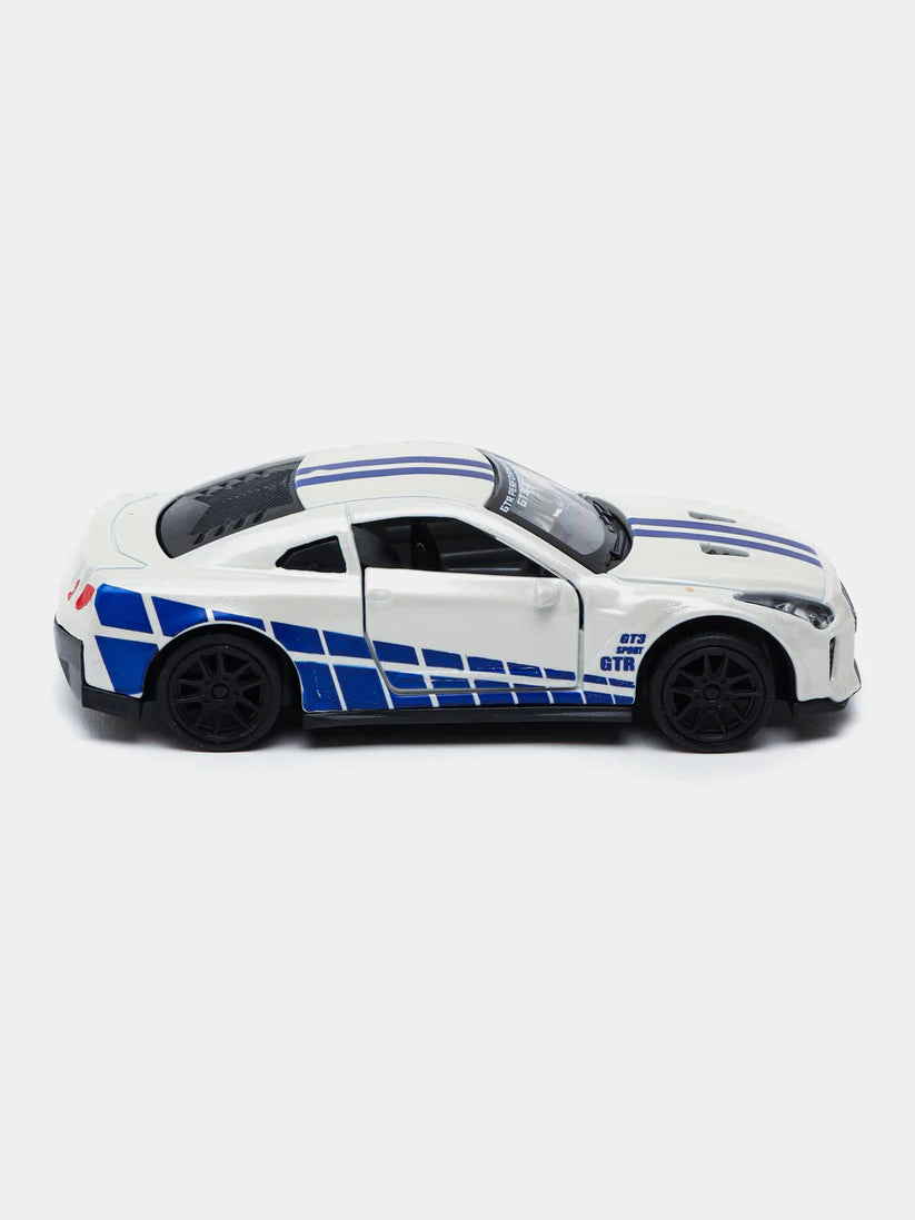 White 1:43 Scale Diecast Nissan GTR R35 Metal Car With Blue Design
