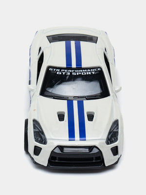 White 1:43 Scale Diecast Nissan GTR R35 Metal Car With Blue Design