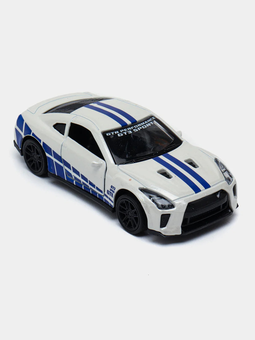 White 1:43 Scale Diecast Nissan GTR R35 Metal Car With Blue Design